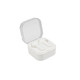 White true wireless earbuds inside a square charging case with a translucent lid.
