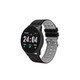 A black round smart watch with a digital display and a perforated strap. It features various icons and functions.