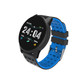 A round smart watch with a black face and blue strap, featuring a logo on the side.