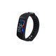 A black multifunctional smart band with a digital display showing time and fitness metrics. It has a branded logo.