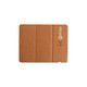 A foldable wireless charger in a light brown cork material, featuring a logo on one side.