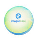 A round inflatable ottoman in blue and green, featuring a logo on the surface.