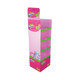 A freestanding pink and green cardboard display unit with four shelves and a logo at the top.