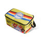 A yellow cooler bag with a zippered top, featuring a colourful retro design and a logo.