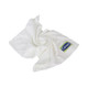 A white gym towel is folded and arranged, featuring a logo on one corner.