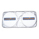 A foldable car shade featuring two circular panels in white with a logo design. The edges are silver.