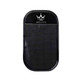 A black dashboard mat with a textured surface and a logo at the top.