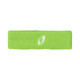 A bright green headband made of textured fabric, featuring a small logo. Suitable for sports or casual wear.