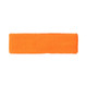 An orange headband made of textured fabric, featuring a branding logo.