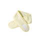A yellow promotional headband made of soft fabric, featuring a logo and a Velcro closure.