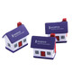 Three house-shaped stress relievers in purple, white, and red, featuring a logo on each.