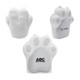 A dog paw-shaped stress reliever in white, featuring a logo on one side.