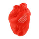 A red heart-shaped stress reliever with a logo and text on its surface, designed as a keyring accessory.