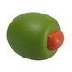 A green olive-shaped stress reliever with an orange stem, featuring a smooth, matte finish and a subtle branding logo.