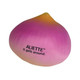 A pink and yellow onion-shaped stress reliever with a logo. Soft, squishy texture for stress relief.