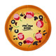 A round pizza-shaped stress reliever featuring toppings like pepperoni and olives, with yellow and red colours.