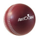 A maroon cricket ball-shaped stress reliever with white stitching and a logo.
