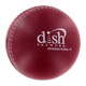 A maroon cricket ball-shaped stress reliever with a white logo and stitching details.