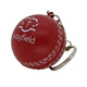 A red cricket ball stress reliever with a silver keyring attachment and a logo.