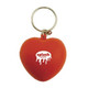 A red heart-shaped stress reliever keyring with a silver metal keyring attachment and a logo.