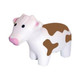 A white and brown cow-shaped stress reliever with a friendly expression. The product has a simple design and a logo.