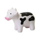 A white and black cow-shaped stress reliever with a pink nose, featuring a logo on its side.