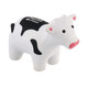 A white and black cow-shaped stress reliever with a design on its back, featuring a small logo.