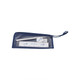 A navy pencil case containing a ruler, protractor, and eraser, with a logo on the case.