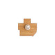 A custom-shaped bamboo lapel pin in a light brown colour, featuring a logo on the back.