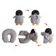 A penguin-shaped travel pillow in grey and black, transforming from a plush toy to a functional pillow.