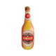 An inflatable beer bottle with a yellow-orange label featuring a logo, and details resembling condensation.