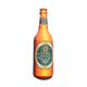 An inflatable beer bottle in orange and gold, featuring a logo on the label.