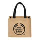 A small brown jute tote bag with black handles and a prominent logo. Ideal for carrying small items.