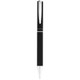 A black metal ballpoint pen with a silver clip and a logo on the barrel.