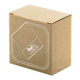A brown cardboard box with a logo, made from recycled materials, featuring a square design.