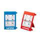 A wall calendar set in blue and red, featuring month layouts and a logo on each.