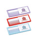 A set of three combs in purple, red, and blue, each with a logo on a white section.