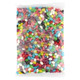 A clear bag filled with assorted jelly beans in vibrant colours, including pink, blue, white, and black.
