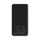 A black power bank with a capacity of 10000 mAh, featuring a logo and green text.