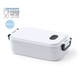A lunch container in white with a secure lid and black handles, made from recycled PP, holding 900 ml.