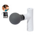 A massage gun with a black round head and a white handle, packaged with a carry bag and showing a logo.