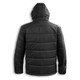 A black puffer jacket with a hood, featuring a quilted design and a logo. Viewed from the back.
