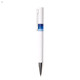 A white plastic pen with blue accents and a silver clip. It features a smooth, contemporary design.