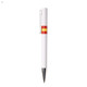 A white pen with a silver clip, featuring red and yellow bands around its barrel.