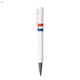 A white plastic pen featuring red and blue stripes, with a silver clip and nib. It has a logo on the body.