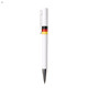 A white plastic pen featuring a black, red, and yellow band, with a silver clip and tip.