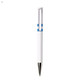 A plastic pen in white with blue accents, featuring a sleek design and a shiny silver tip.
