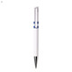 A white plastic pen with a blue accent and a silver tip, featuring a logo on the barrel.