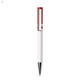 A plastic pen with a white body and red accents, featuring a silver clip and tip, and a logo on the surface.