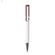 A white plastic pen with a red top and a metal clip. It features a logo on the barrel.